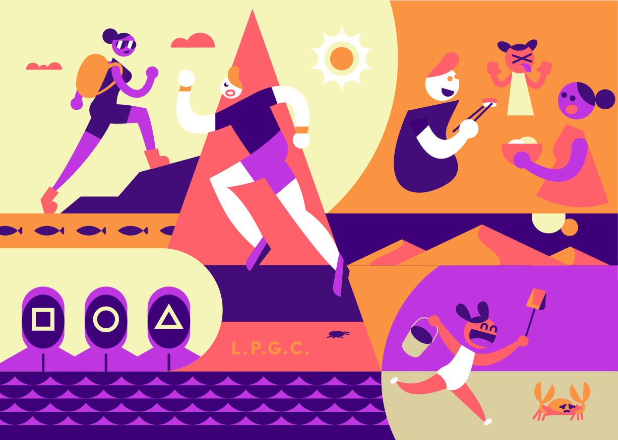 Postcard design with vector illustrations about a holiday trip to Gran Canaria. There are characters hiking, running, playing on the beach, eating at a restaurant. 5 color tones for the design. Warm colors.