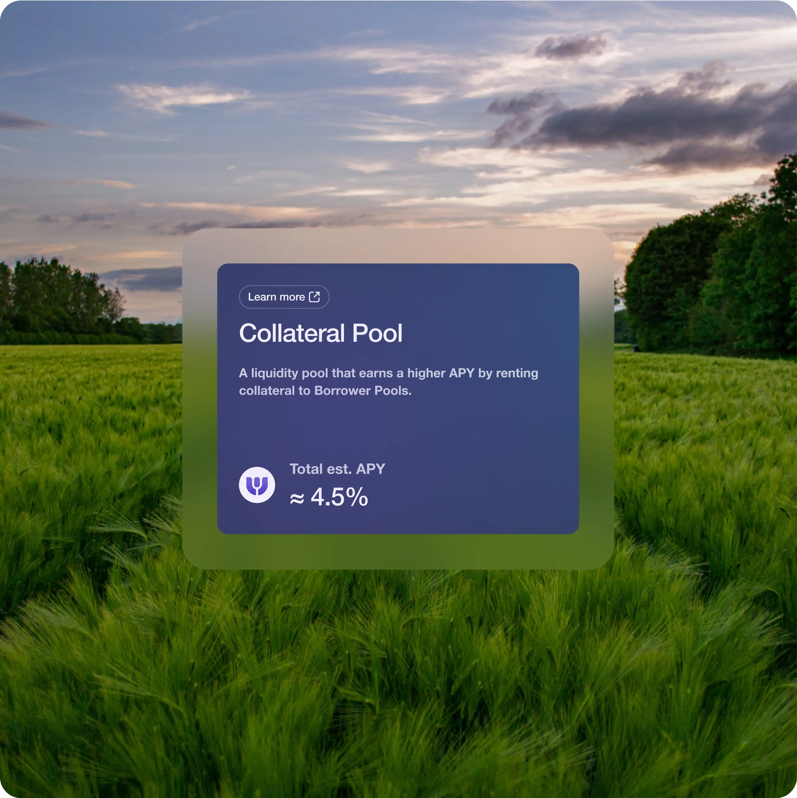 Umoja Protocol app screen highlighting a 'Collateral Pool' with an estimated APY of 4.5%. The screen overlay features a dark blue interface with white text and an icon. The background shows a scenic view of a lush green field with trees and a partly cloudy sky.