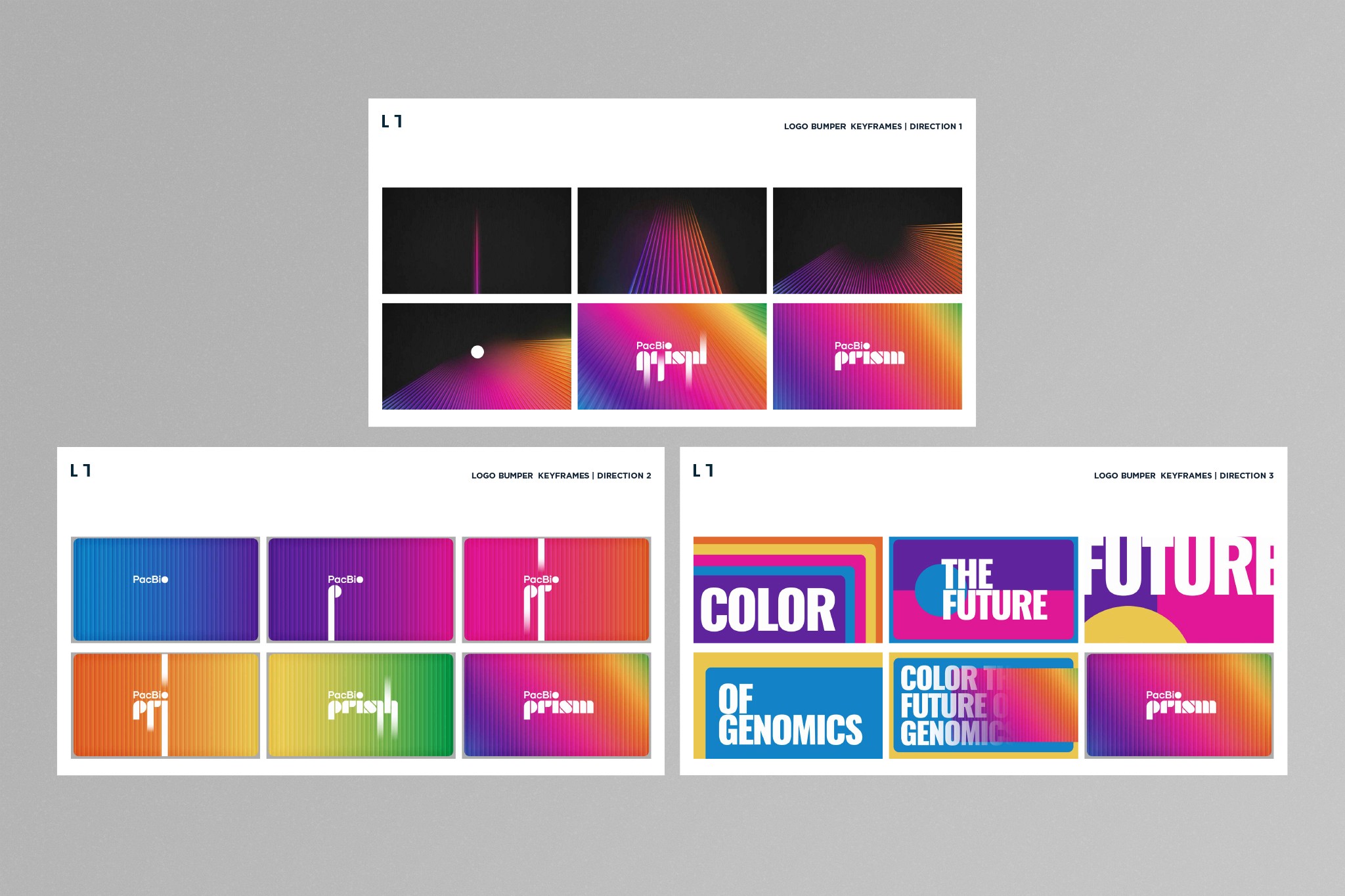 Defining the logo’s pulse. Three motion directions exploring how the PRISM spectrum resolves into a concise, repeatable logo bumper.