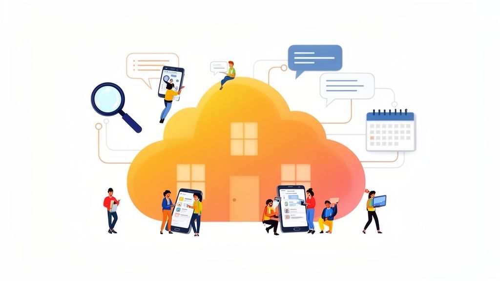 Diverse people using digital devices connected to a cloud-based network, resembling a house.