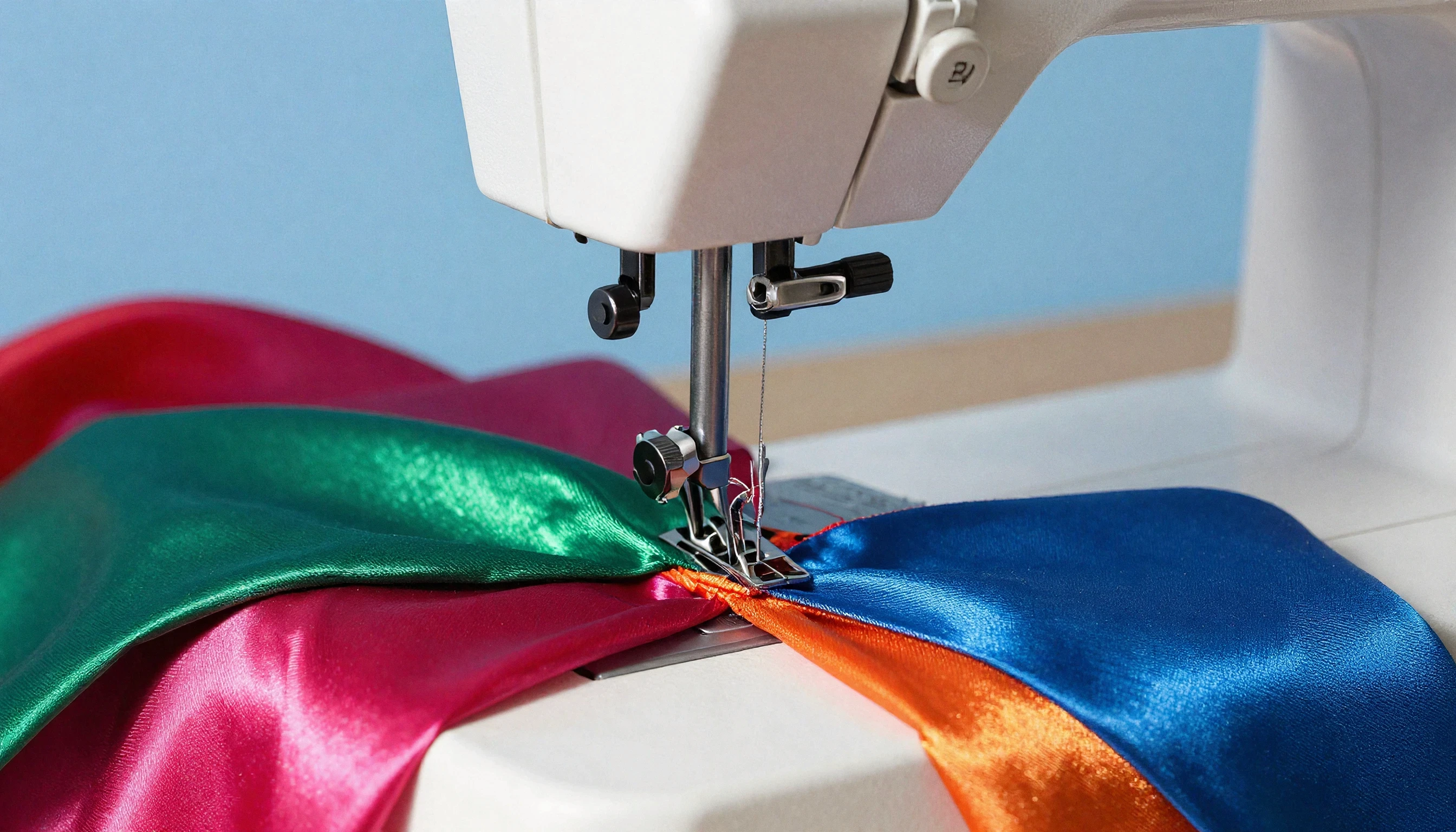 Sewing machine stitching bright satin fabric in multiple colors.