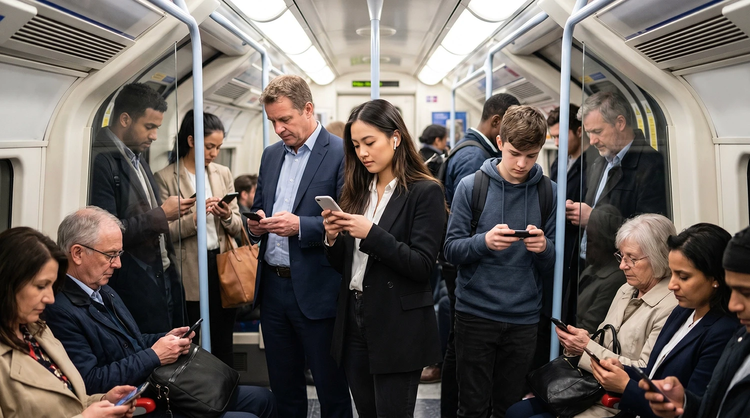 Diverse commuters on London tube using smartphones for mediareach mobile marketing and digital advertising campaigns