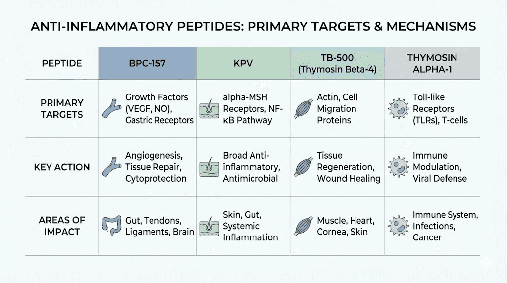 Best inflammation peptides comparison chart BPC-157 KPV TB-500 thymosin alpha-1