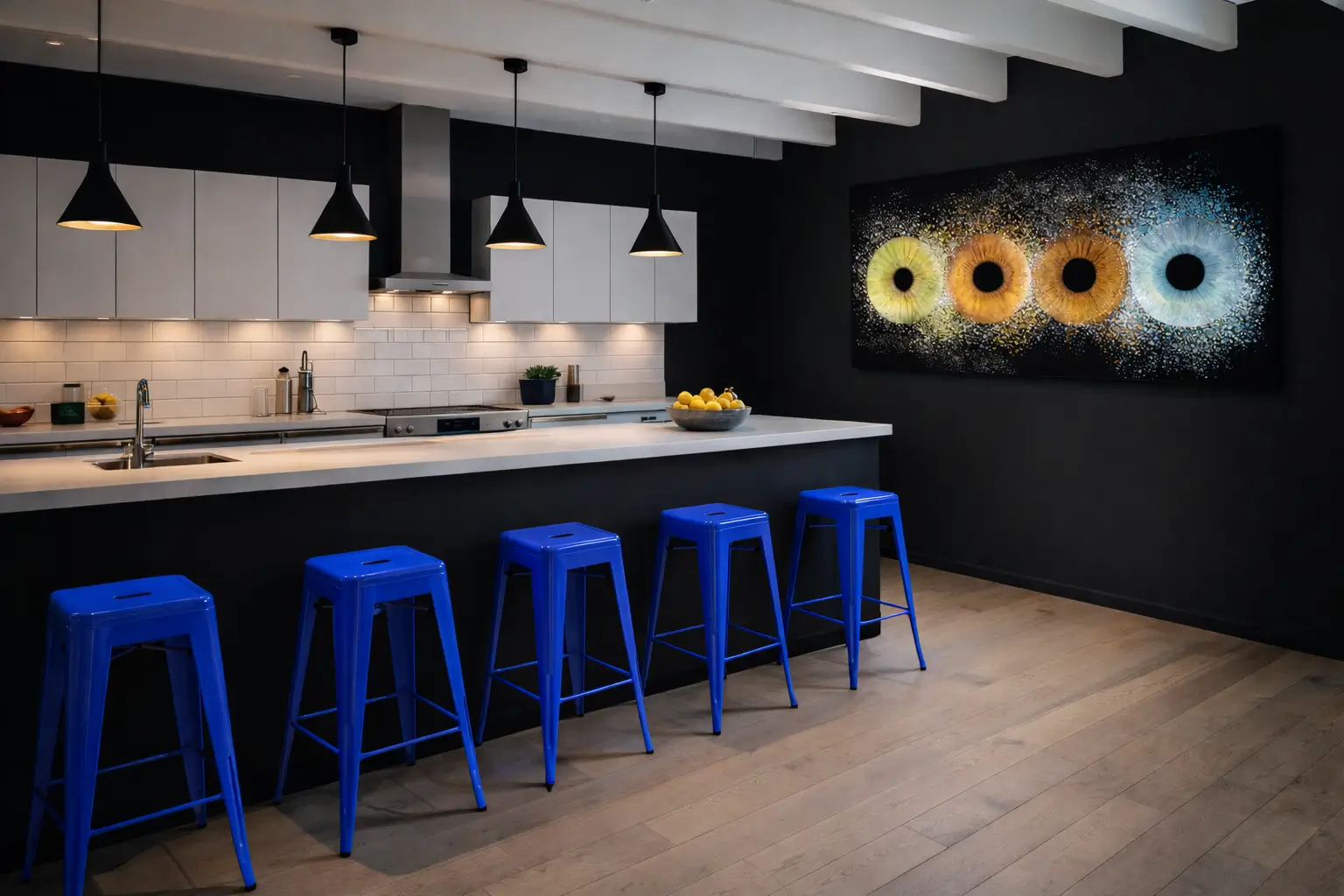 modern kitchen with family of irises as wall artwork