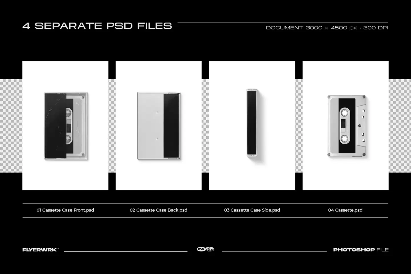 Cassette Case Mockup 02 featuring four separate high-resolution PSD files for different viewing angles.