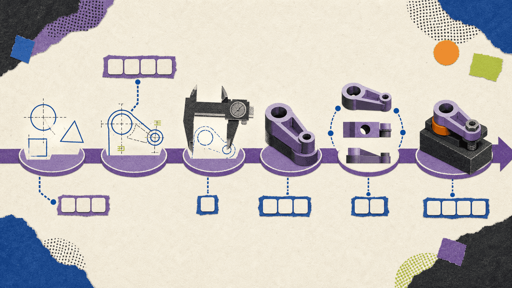 Cut-paper illustration showing a mechanical CAD workflow from sketch geometry to completed assembly