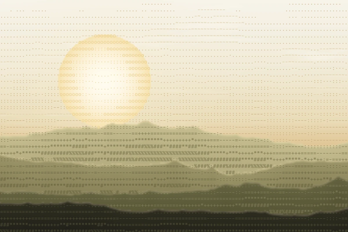 Pale sunrise over green hills, drawn in text characters