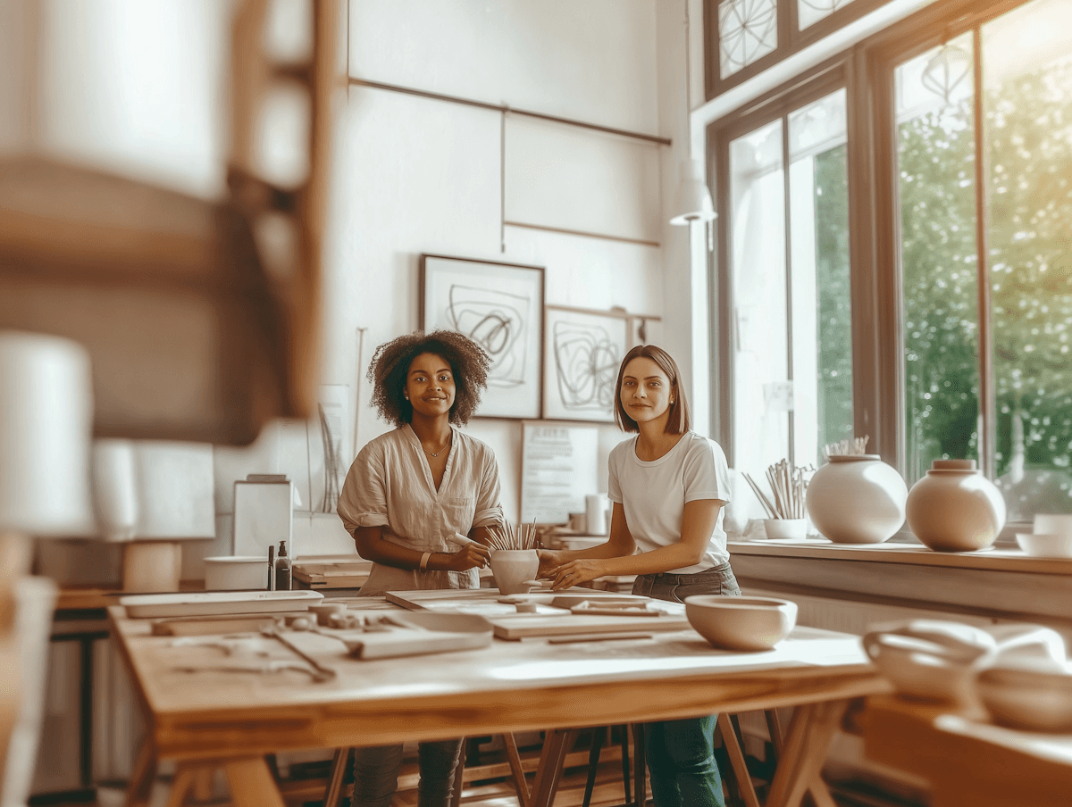 Two women in a sunlit pottery studio surrounded by ceramics and tools, sharing a creative moment in a warm and inviting space.