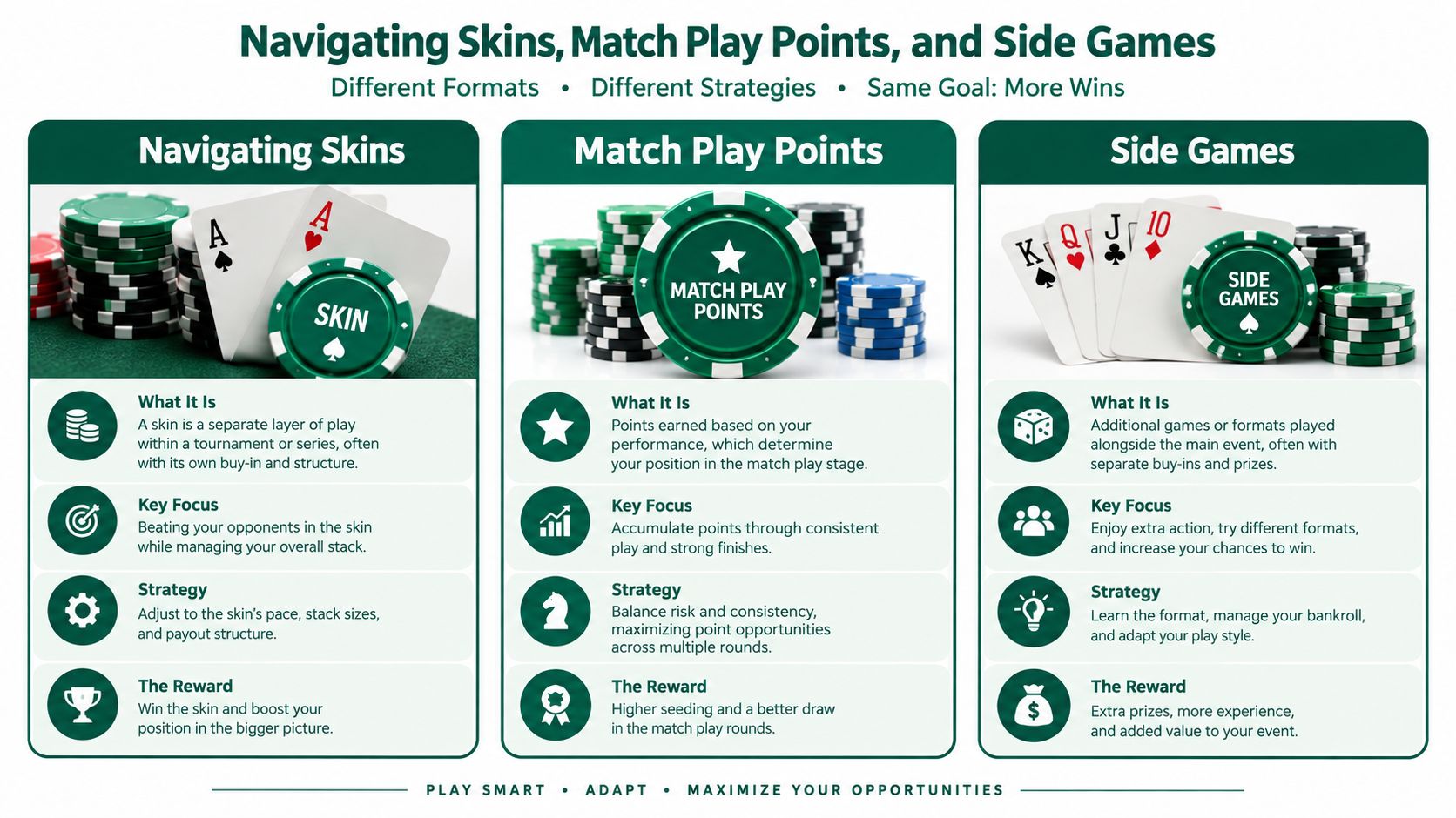 A guide explaining different poker gaming formats including skins, match play points, and various side games.