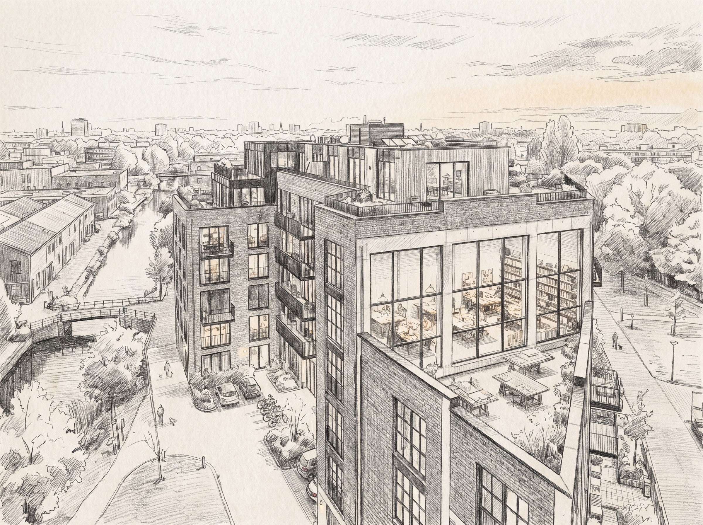 A detailed architectural sketch depicts a modern urban apartment complex with spacious glass windows, rooftop terraces, and surrounding greenery overlooking a tranquil canal and industrial buildings, under a partly cloudy sky.