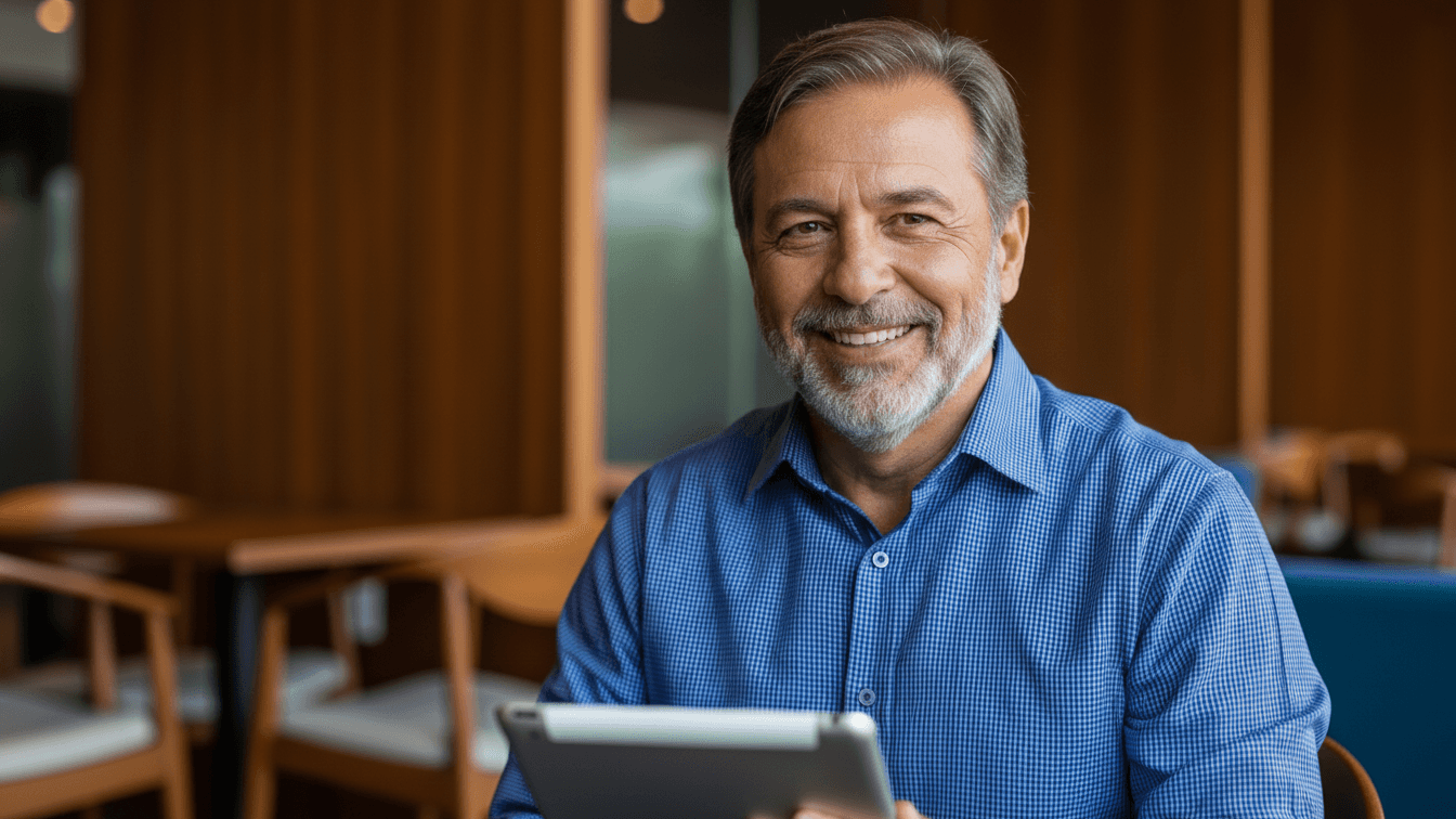 woman holding a phone and man looking at the phone. both are smiling