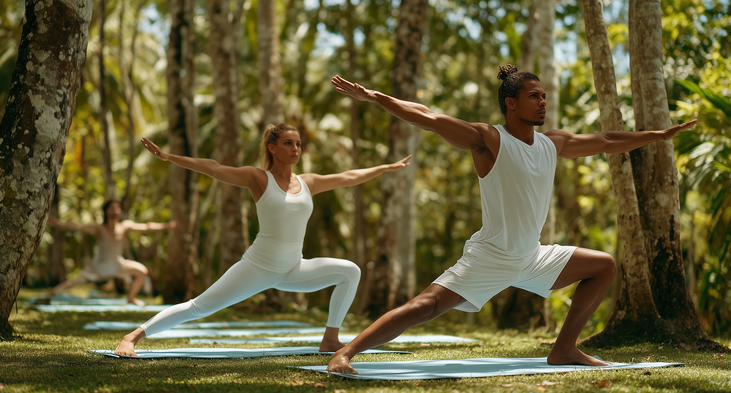Group yoga class practicing warrior pose outdoors