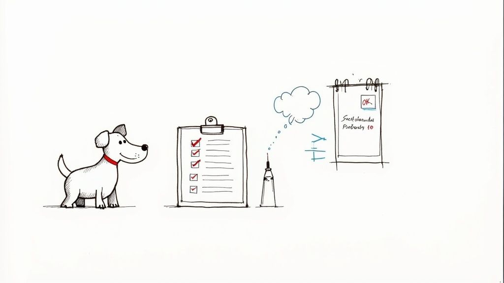 A happy dog with its owner, both looking at a map and planning a trip.