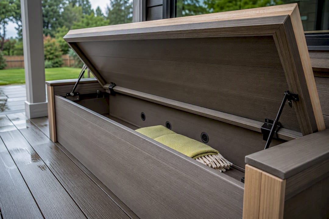 Built-in deck bench with open storage compartment
