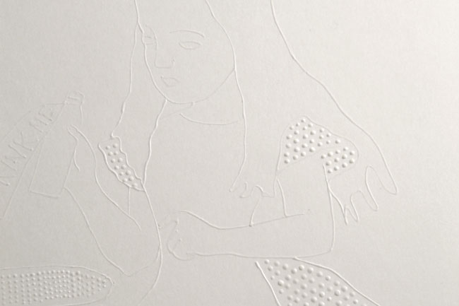 A white relief sculpture of a woman with long hair, wearing a sleeveless top with dotted patterns, is shown against a plain white background. The woman’s left arm is bent and holds a bottle, while her right arm is extended forward. The sculpture is carved into the surface, revealing raised details of the woman’s form and the bottle’s shape.