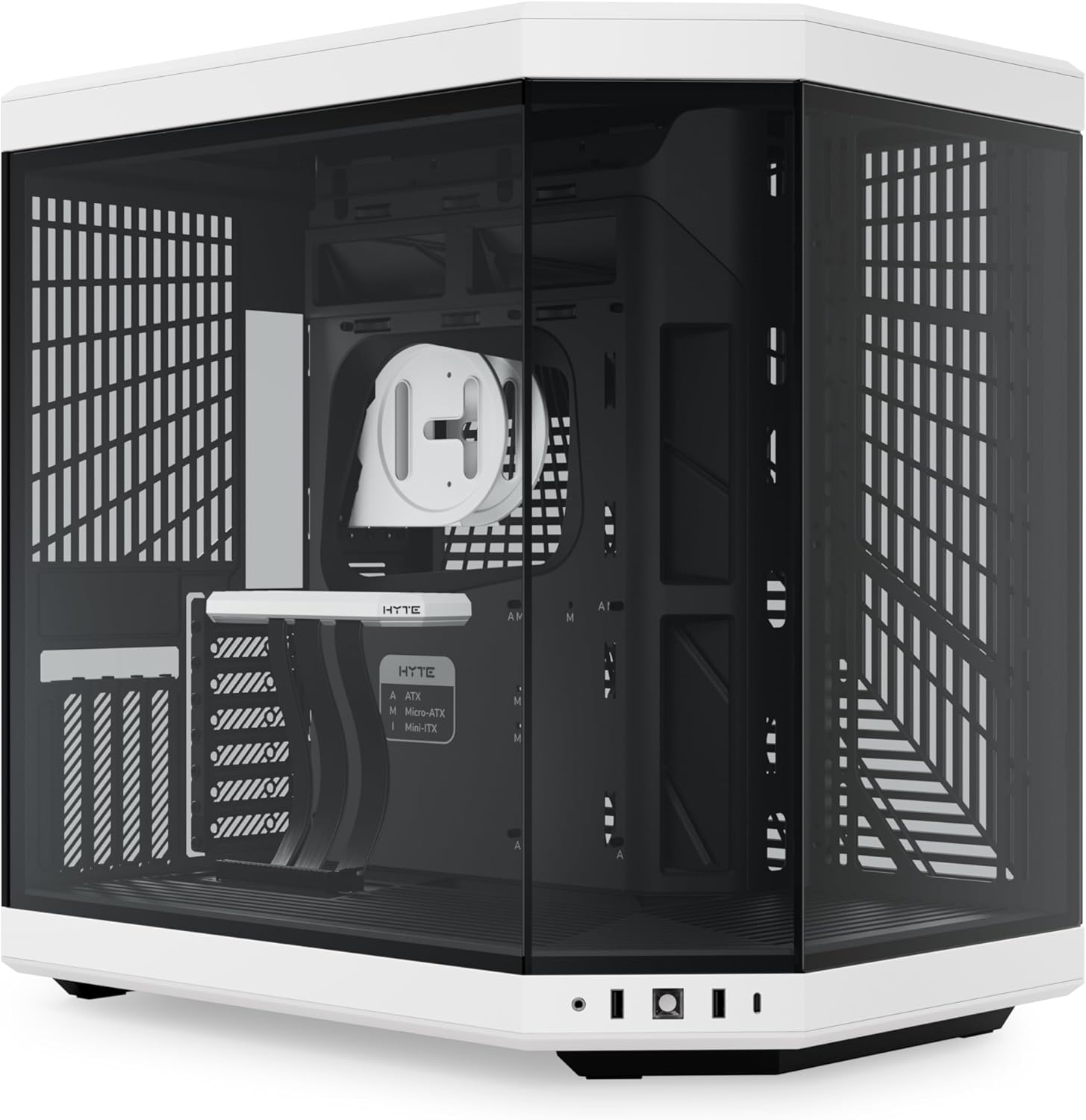 This is an image of the HYTE Y7 PC case, designed with modern aesthetics and advanced cooling features for high-performance gaming builds.