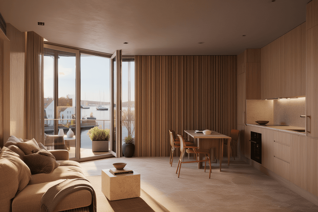 Contemporary living space with floor-to-ceiling windows and neutral palette