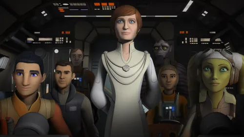 Mon Mothma standing in the center of a cockpit surrounded by Ezra Bridger, Hera Syndulla, and other Rebels