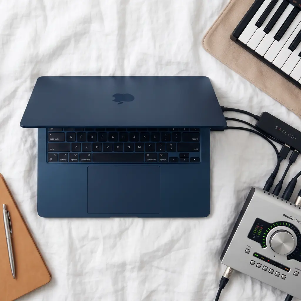 macbook y apollo twin y piano sobre una cama para un compositor
