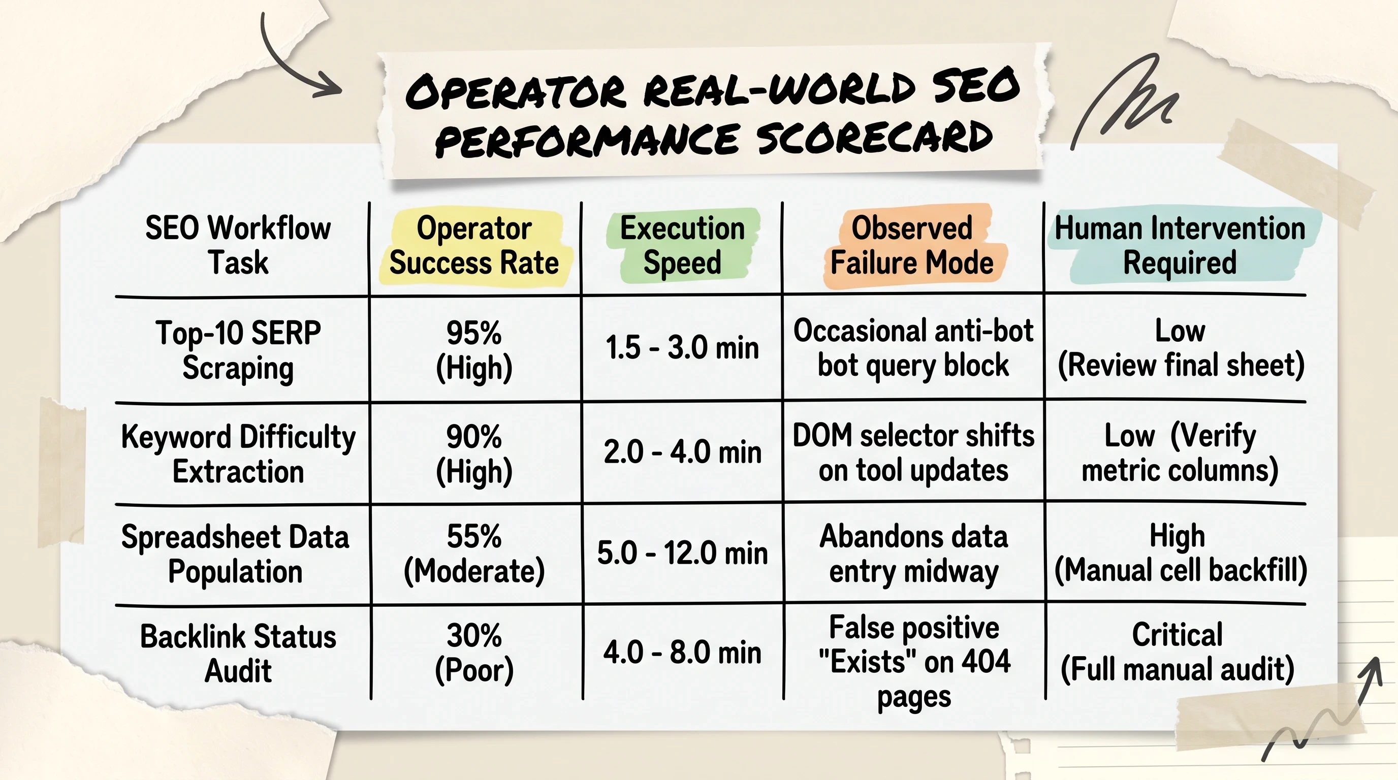 Empirical SEO testing scorecard evaluating ChatGPT Operator performance across SERP tracking keyword extraction and backlink auditing