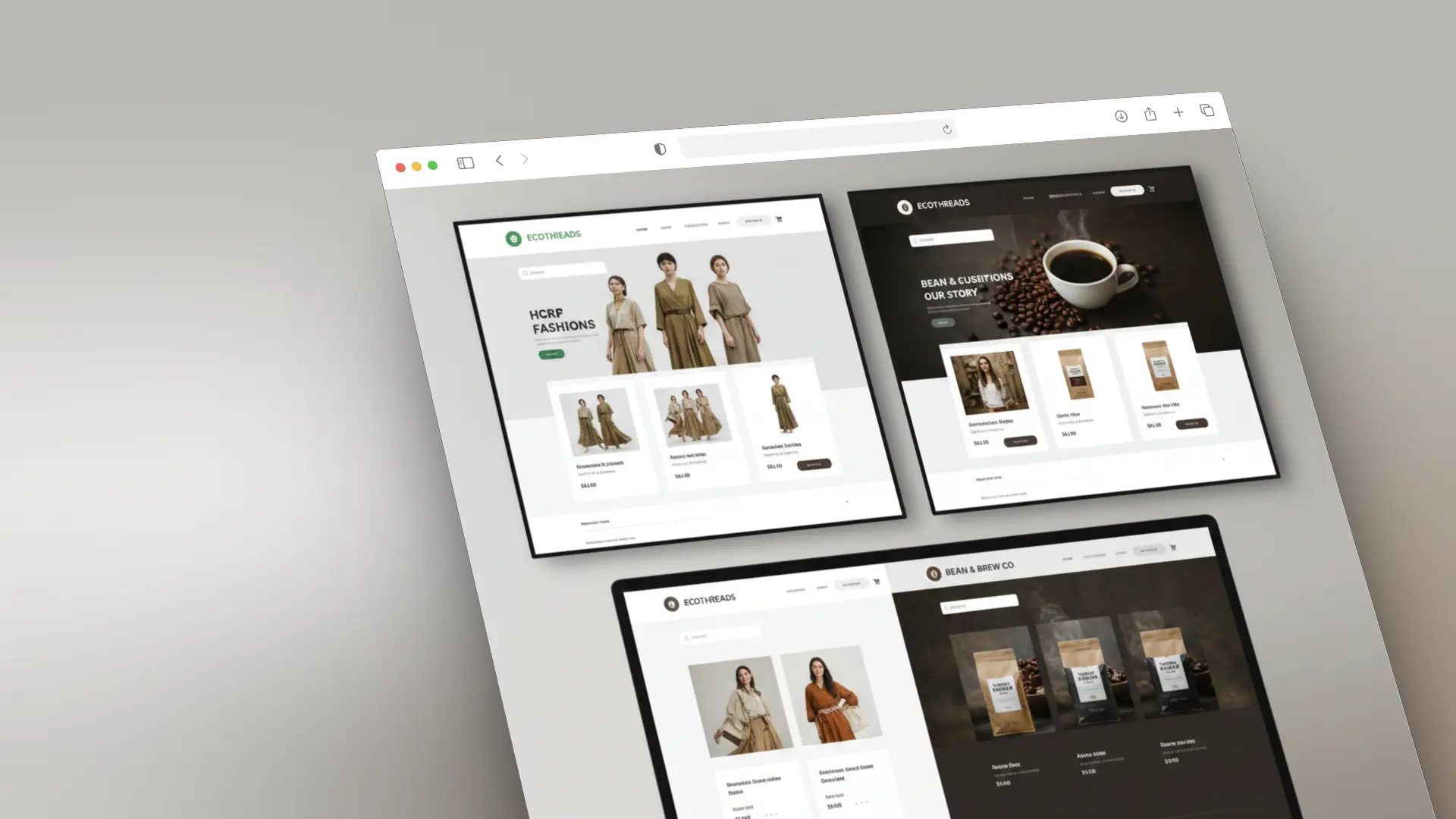 Desktop website mockups comparing a landscaping business homepage and a technology company homepage, shown side by side on modern screens.