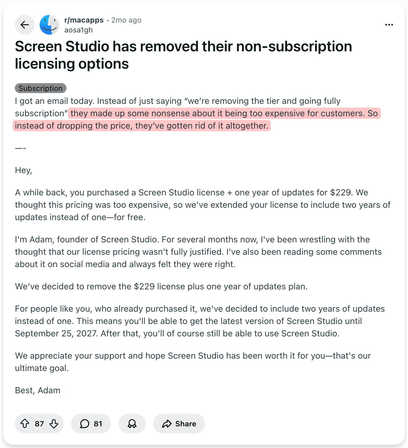  Negative Reddit review of Screen Studio's pricing change