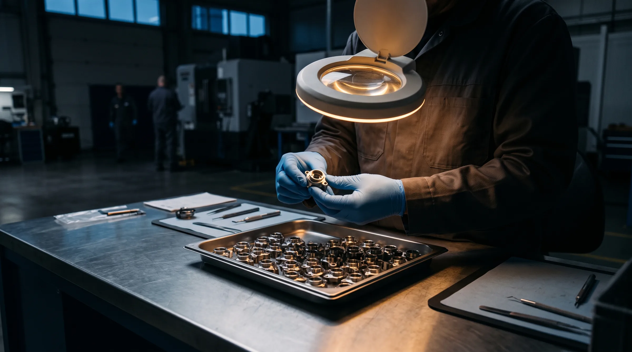 Gloved hands hold a small titanium part over a tray of them