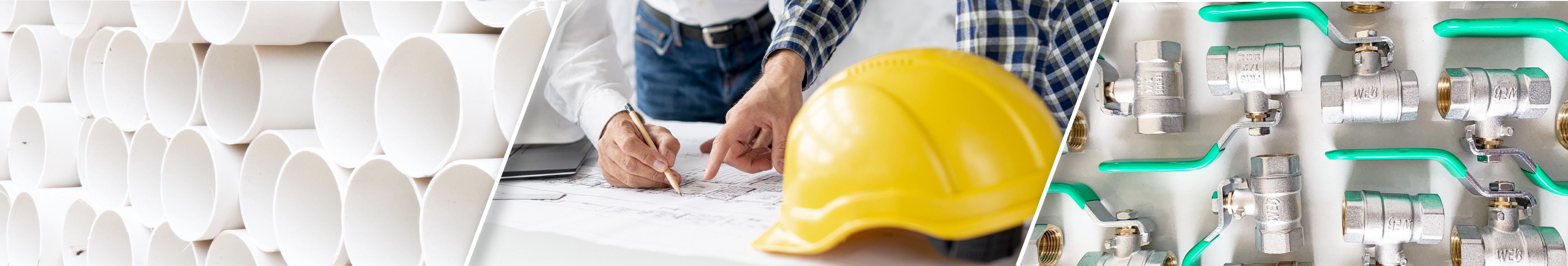 Casco de construccion sobre una mesa con planos y un hombre señalando en el fondo