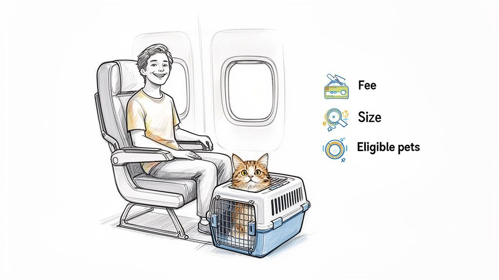 Illustration of a person and a cat in a carrier on an airplane, with text for pet travel rules.