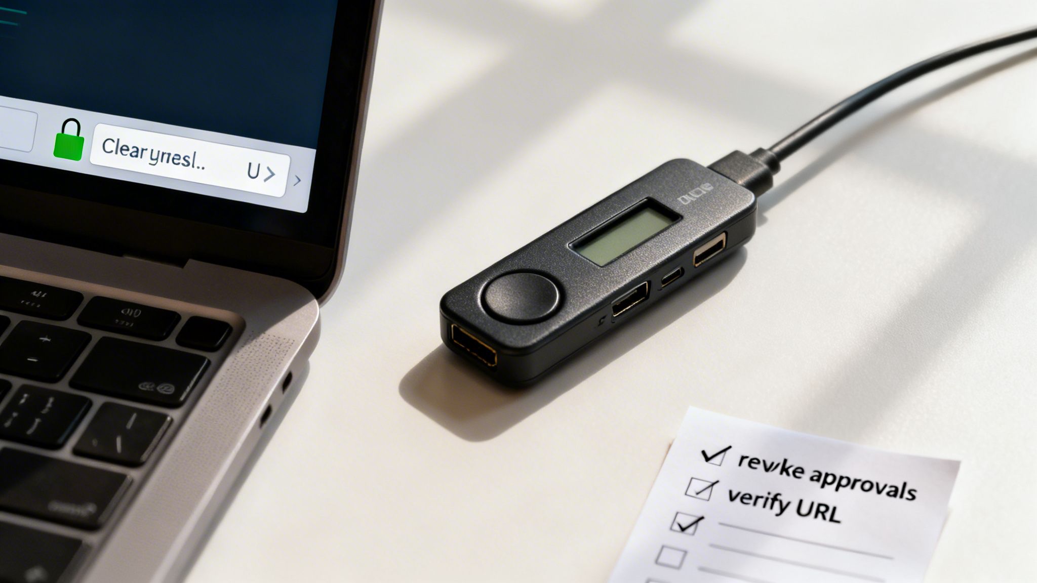 Hardware security key and laptop on a desk with a checklist for verifying URLs.