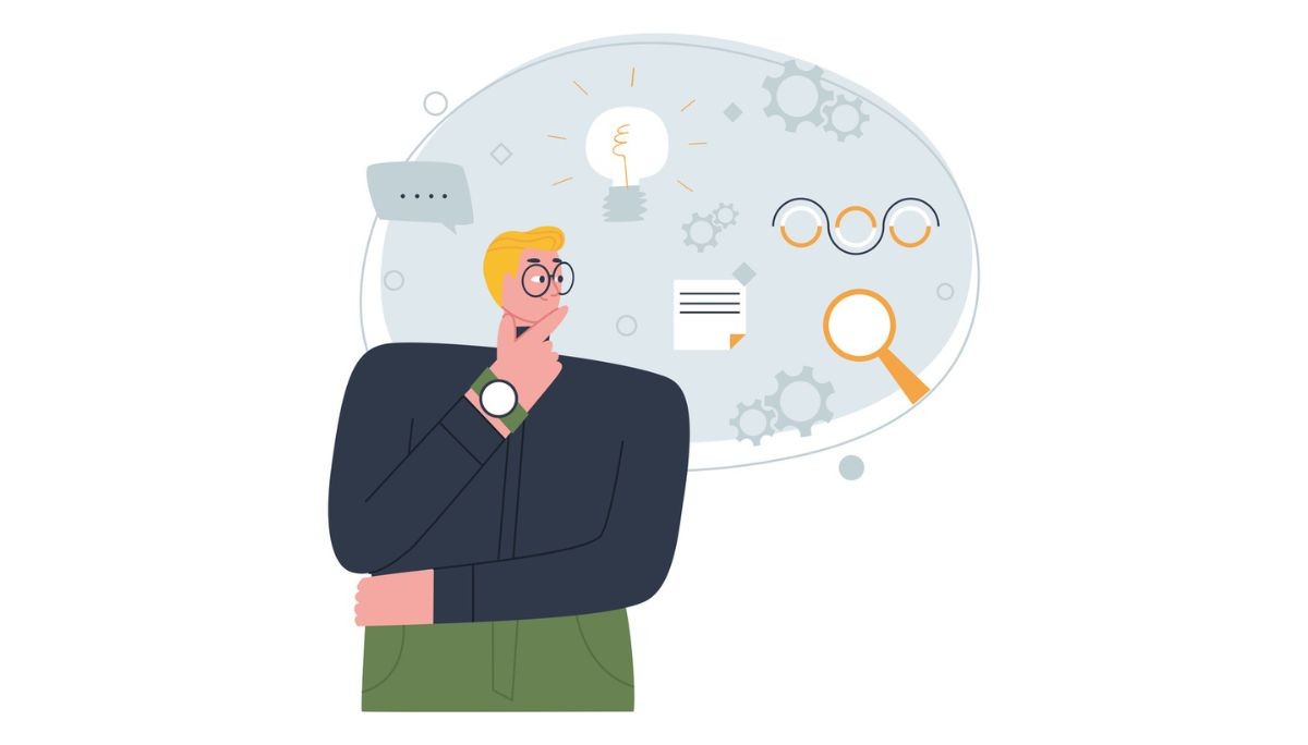 Illustration of a person contemplating with icons for ideas, gears, documents, and analysis—representing thoughtful responses to behavioral interview questions for software engineering roles.
