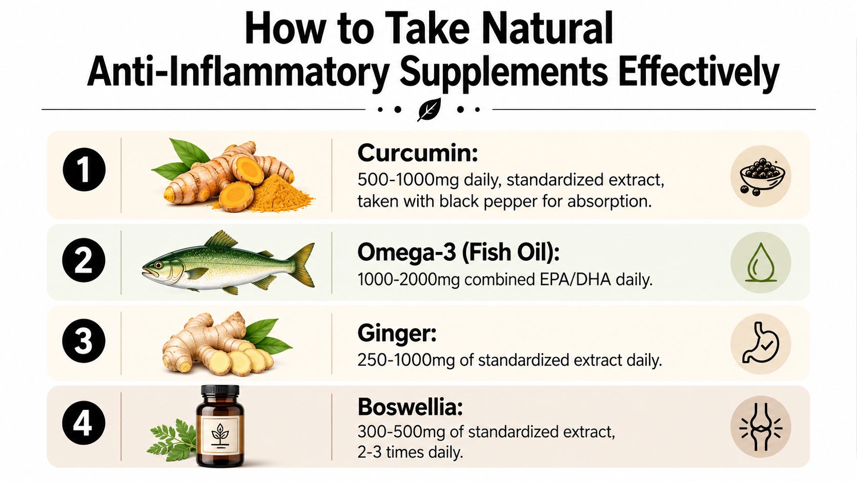 An infographic titled How to Take Natural Anti-Inflammatory Supplements Effectively listing four common supplements and dosages.
