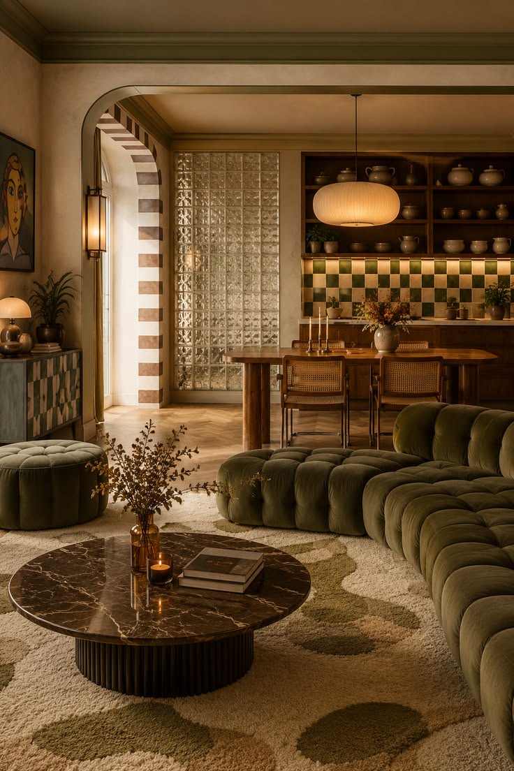 Sala de estar com decoração em tons verdes, referência de projeto de interiores