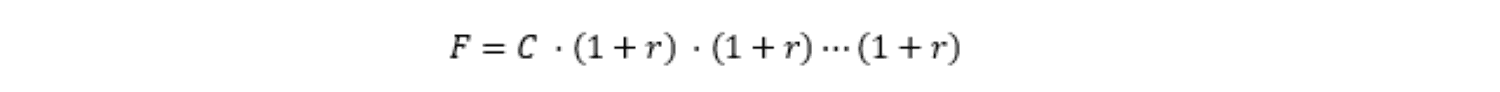 Intérêts composés sur n périodes - F = C * (1 +r) * (1 + r) * ... * (1 + r)