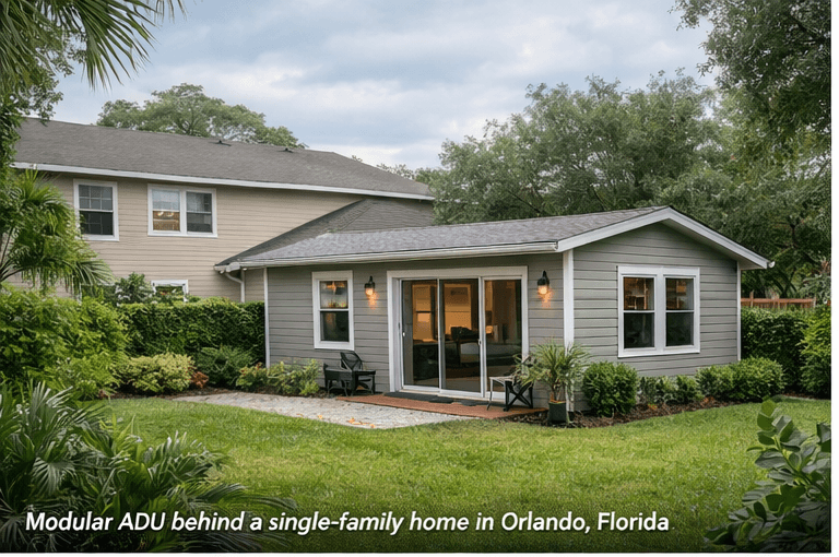 Modular ADU behind a single-family home in Orlando Florida