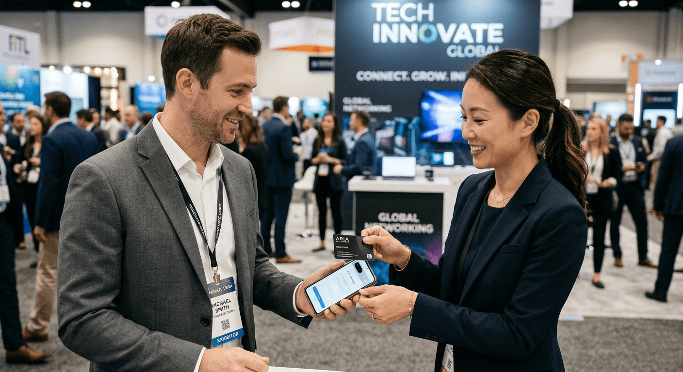 Professional tapping NFC business card to smartphone at networking event