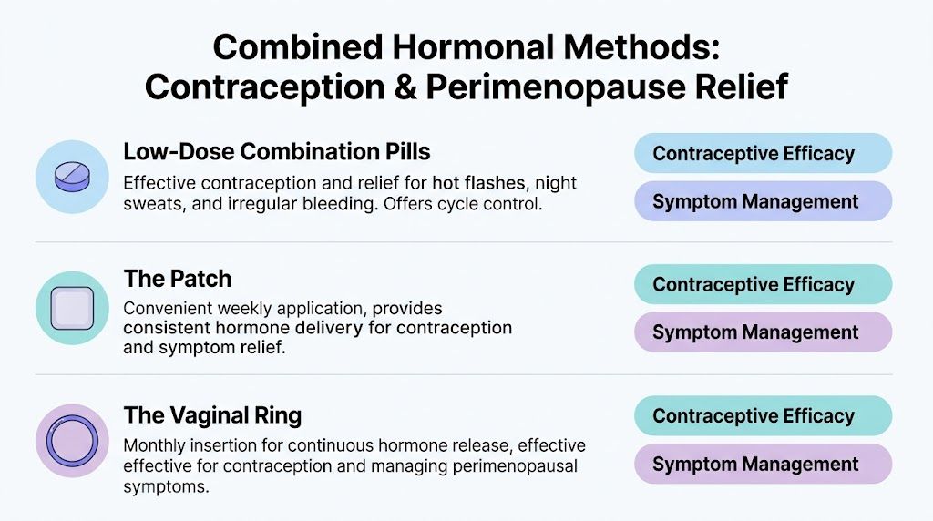 A chart comparing combined hormonal birth control methods including pills, the patch, and the vaginal ring.