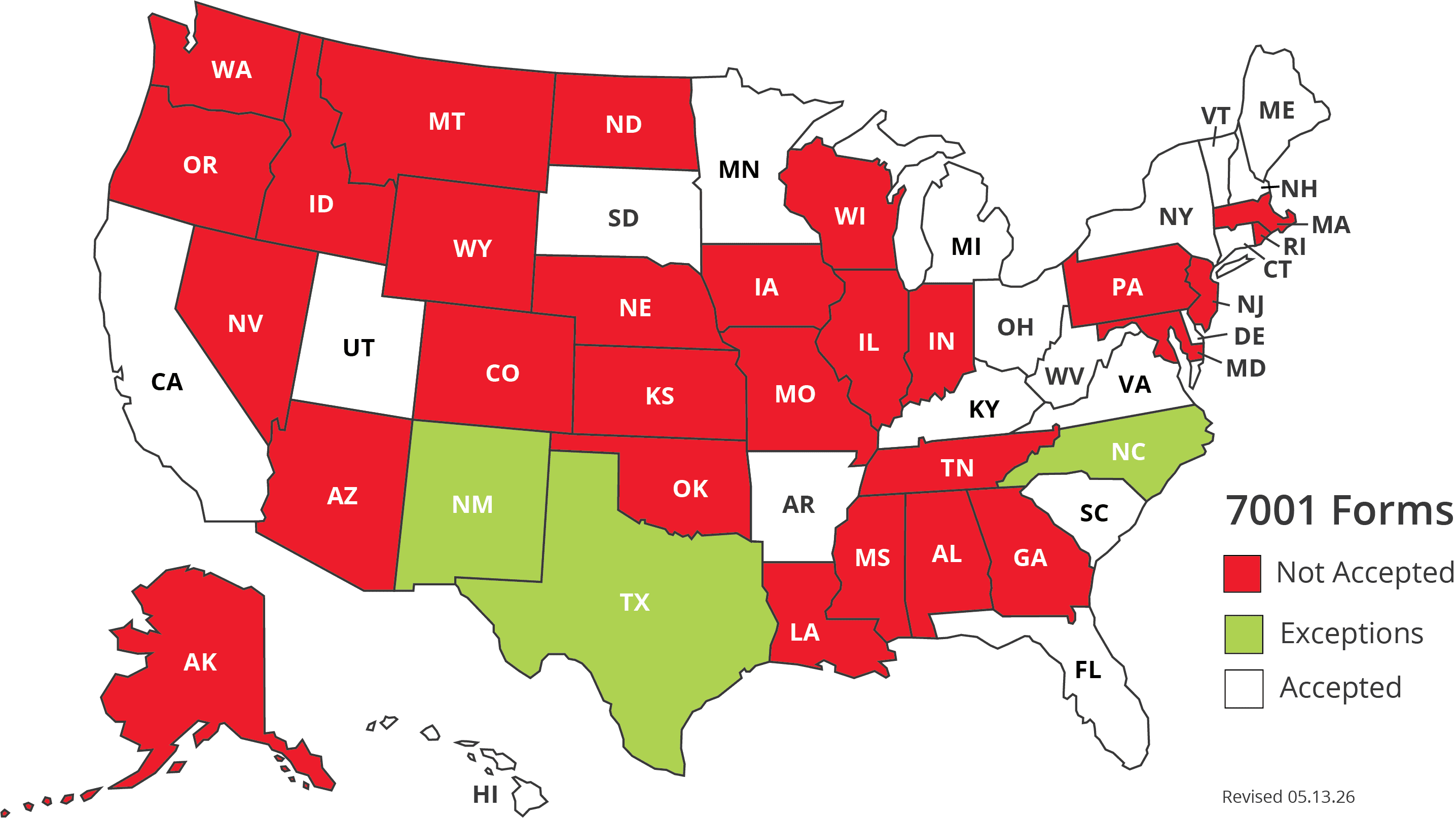 Map of US with color coding of which states accept 7001 forms