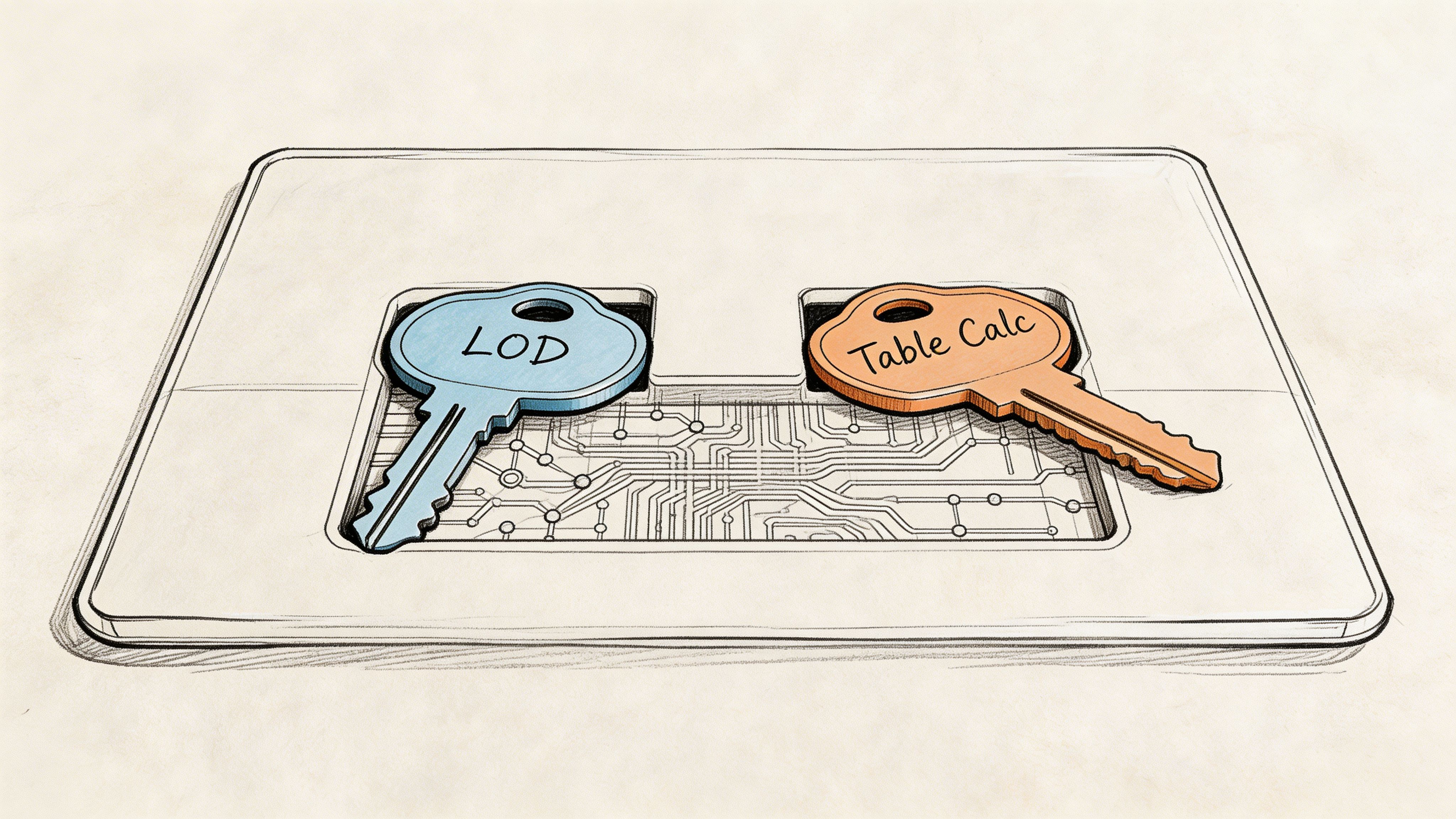 A hand-drawn illustration showing two keys resting on a circuit board, labeled LOD and Table Calc.
