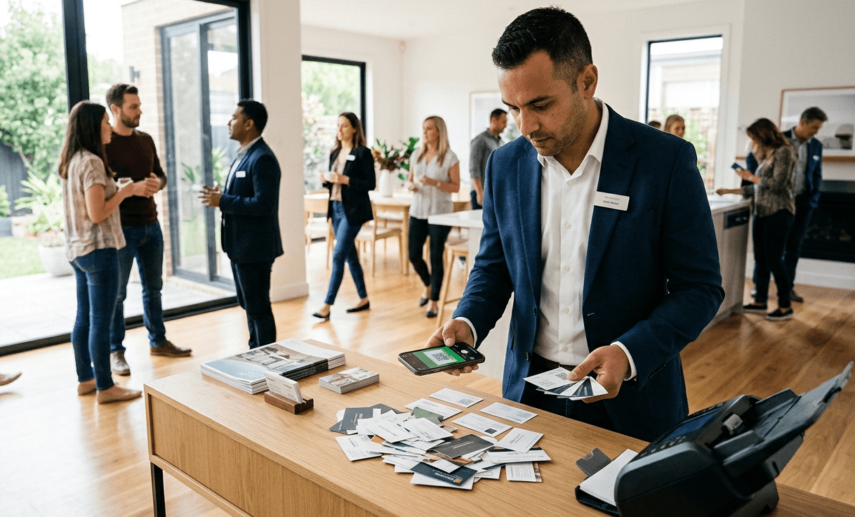 Realtor scanning multiple business cards at an open house for lead capture