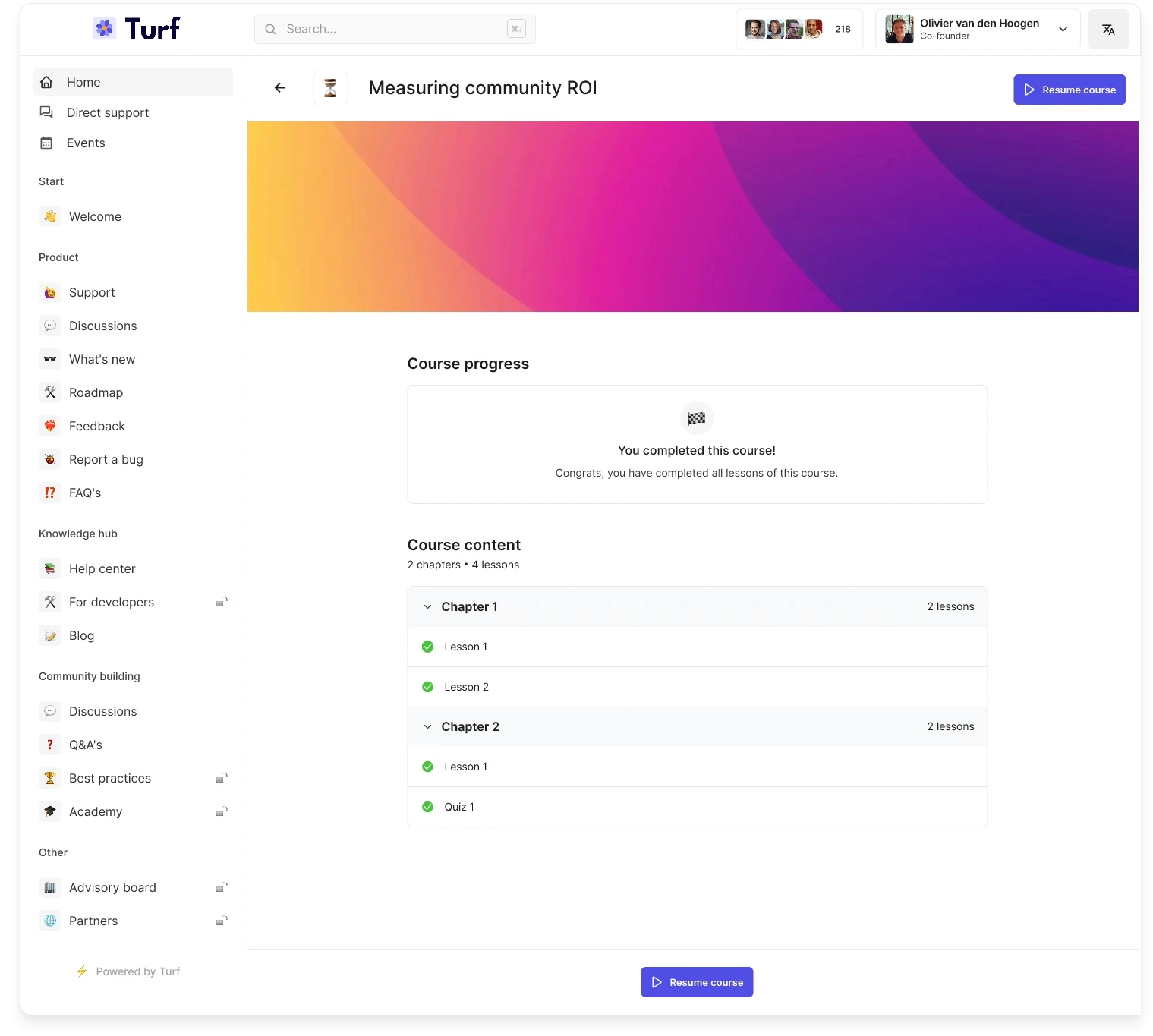 Lessons & Chapters in the courses functionality in Turf.