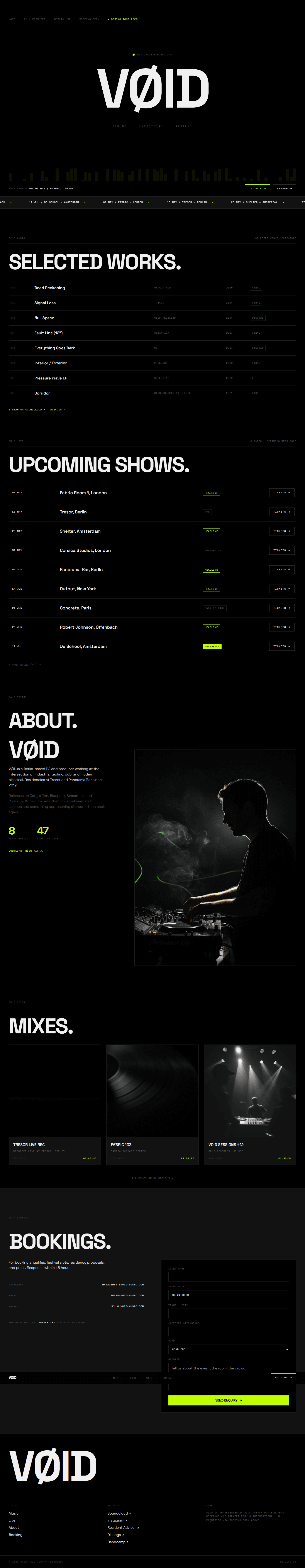 DJ website prompt full preview — pure black background, massive Space Grotesk headline "VØID" with acid green accent, animated waveform bars across the hero floor, video texture background, and monospaced track table below