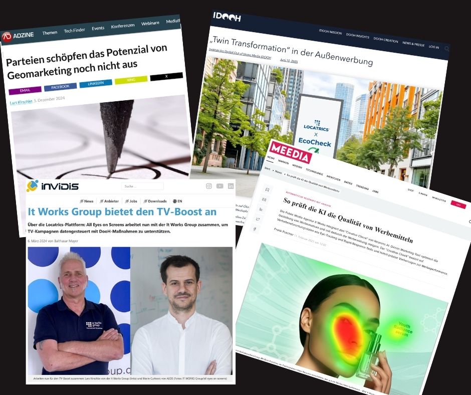 Verschiedene Webseitenartikel über Geomarketing, Außenwerbung und KI in der Werbeanalyse.