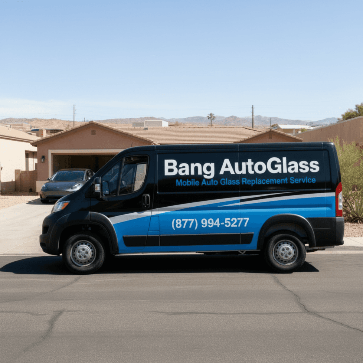 Bang AutoGlass mobile windshield replacement van parked outside a customer's home in Tucson, AZ