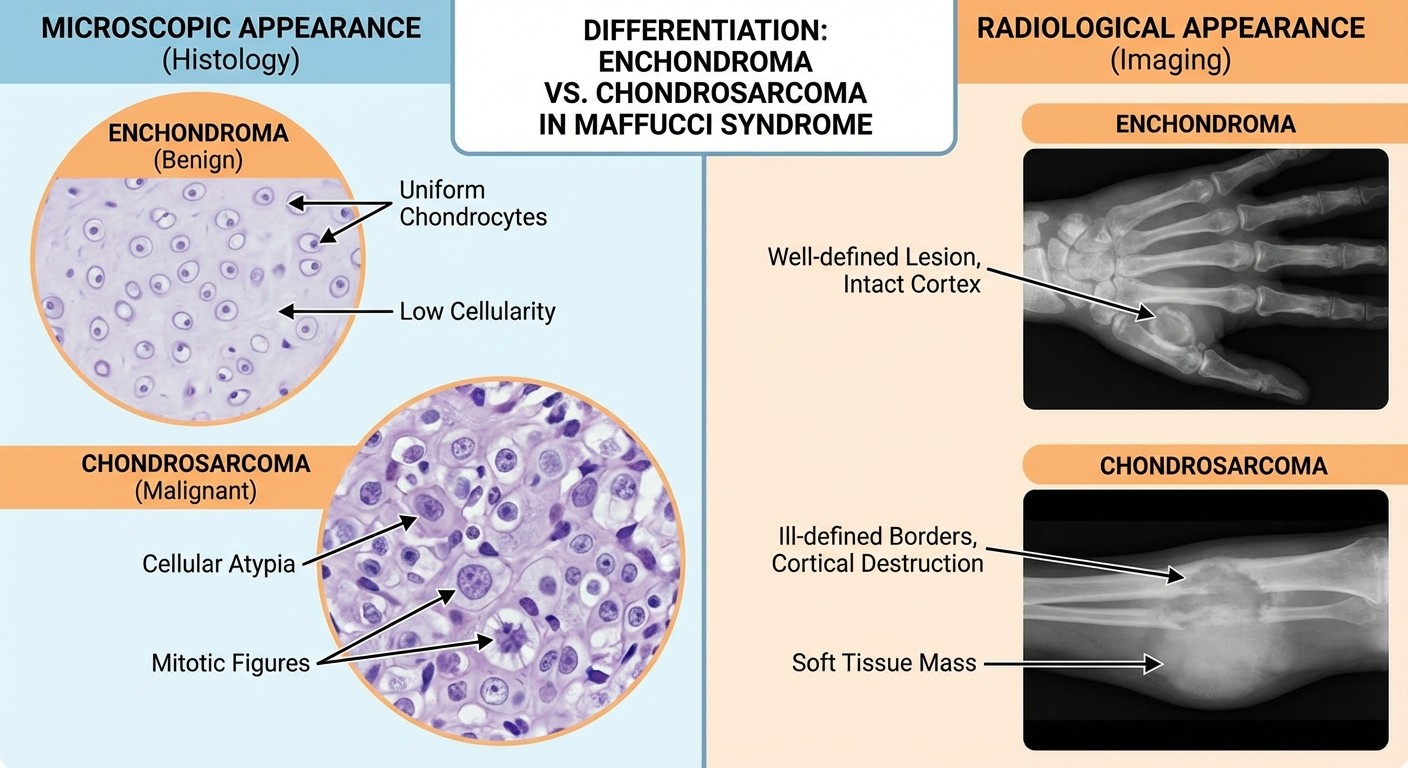 Comparison between benign enchondroma and malignant chondrosarcoma in Maffucci syndrome