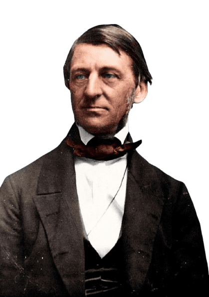 A colorized portrait of Ralph Waldo Emerson, the American essayist, poet, and philosopher, known for his leadership in the Transcendentalist movement. Dressed in formal 19th-century attire, with a dark coat, white shirt, and a bow tie, Emerson's thoughtful expression reflects his intellectual depth and influence on American literature and philosophy. His contributions to individualism and nature's spirituality remain highly influential.