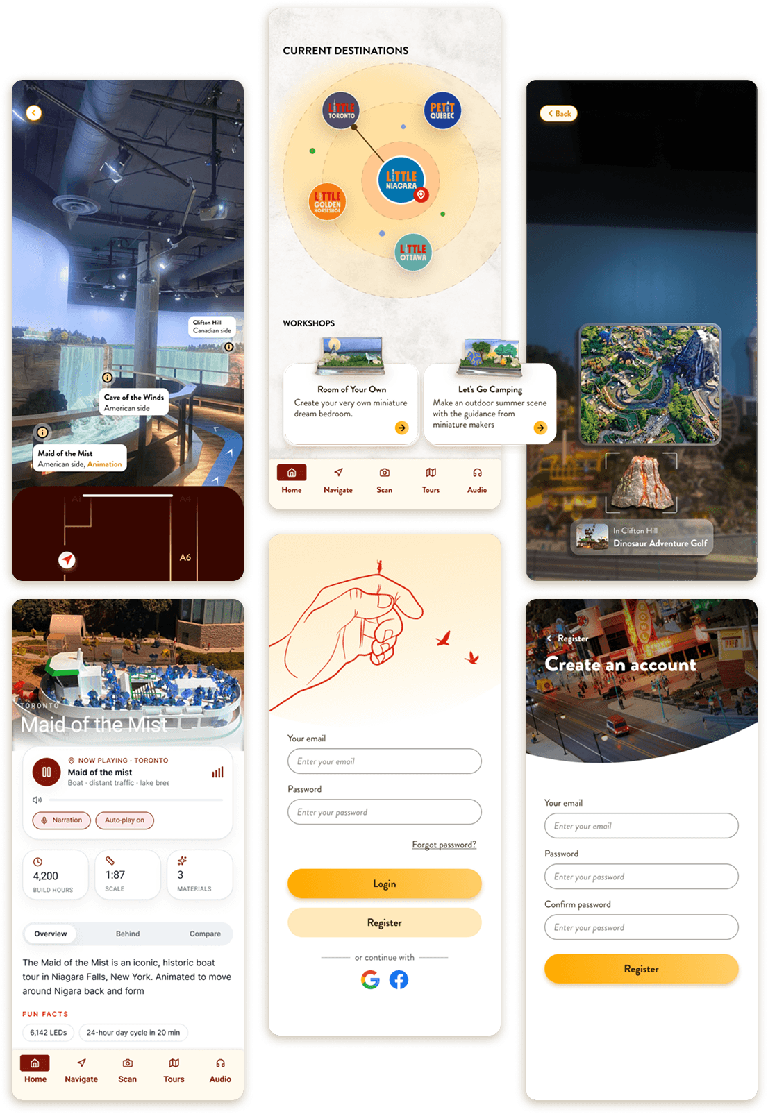 Seven high-fidelity mobile screens are arranged, showcasing an interactive circular destination map for 'Current Destinations,' custom workshop cards, an onboarding and account registration flow, location-based audio streaming interfaces featuring a 'Behind the Build' stats breakdown for the 'Maid of the Mist' tour, and a split-screen layout comparing a real-world photograph of an exhibition space with its digital interface