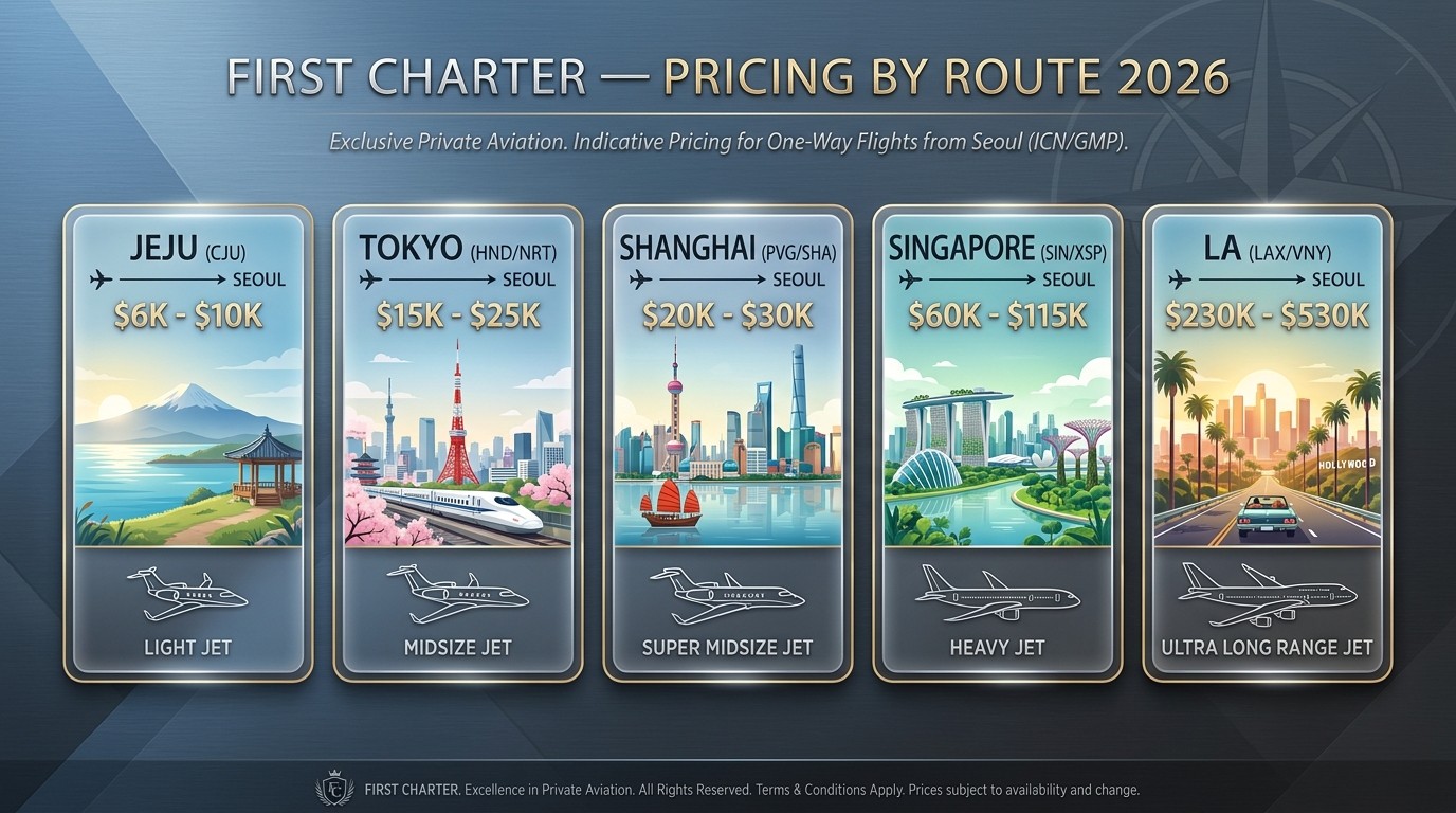 First-flight private jet pricing by route — Gimpo Jeju Tokyo Shanghai Incheon Singapore LA light jet super-midsize ultra-long-range reference