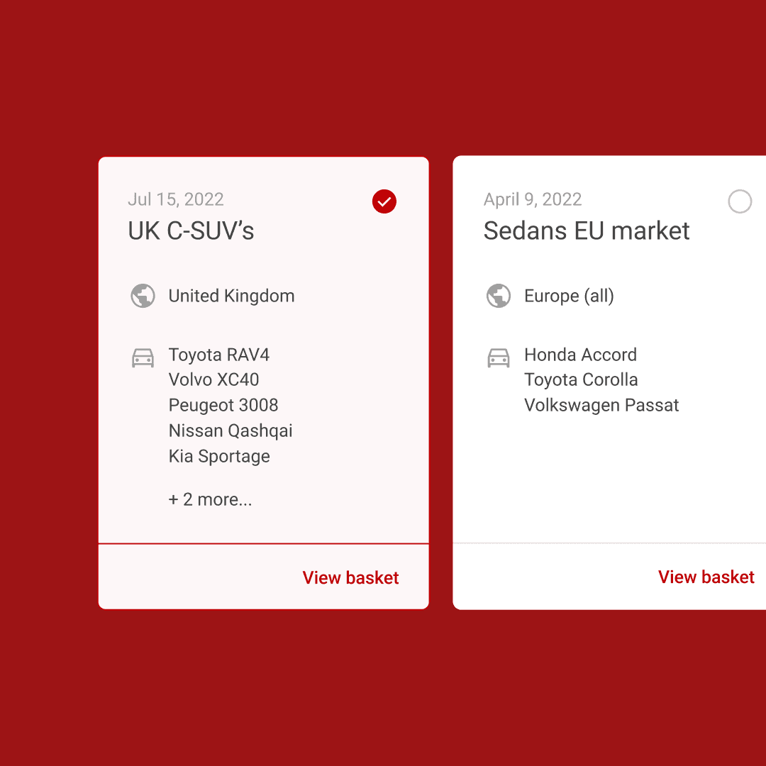 Two saved basket cards for UK C-SUVs and EU Sedans showing market, vehicle lists and view basket links on red background