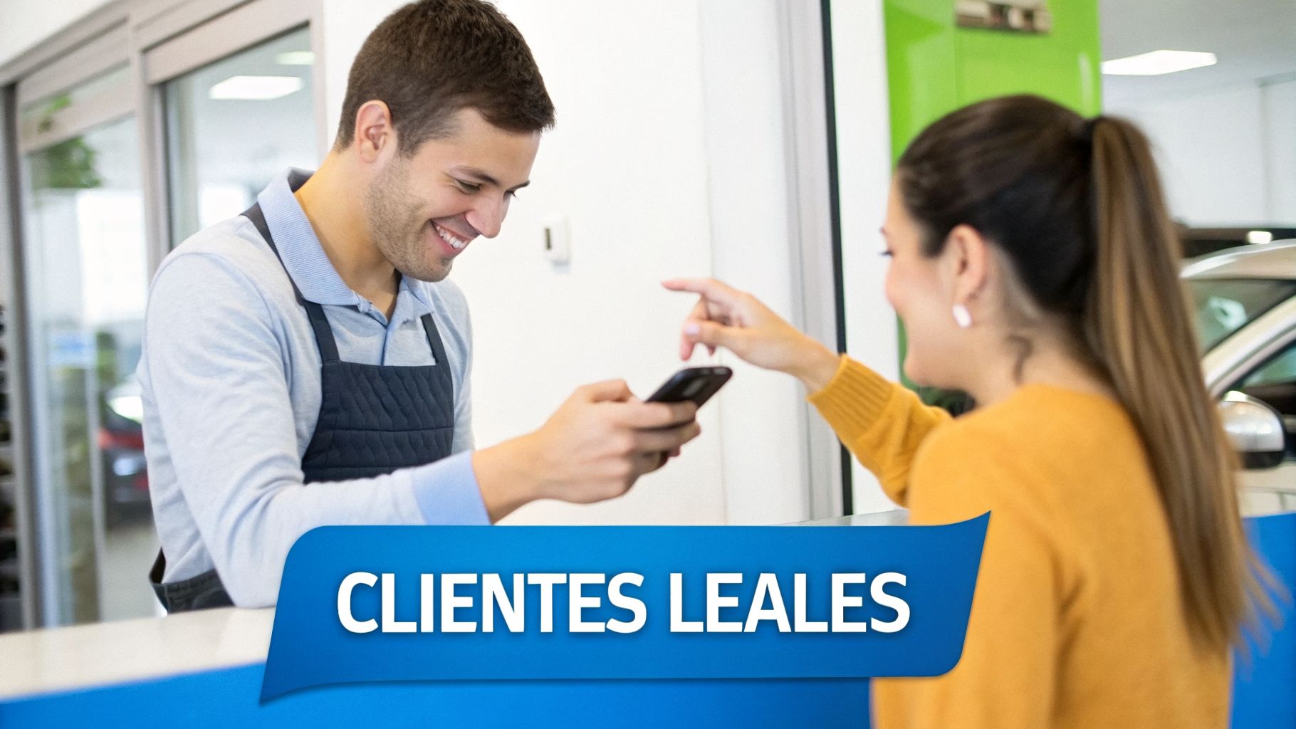 Empleado sonriente interactuando con cliente leal usando un smartphone en un mostrador de servicio.